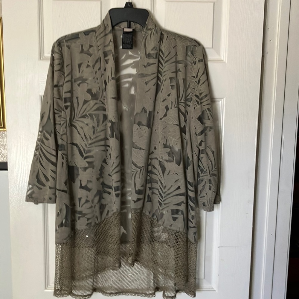 CAbi Sheer Olive Green 3/4” sleeves with sequins jacket